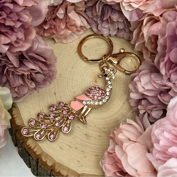 Beautiful Golden and Pink Crystal Peacock Keychain Charm - Picture 8 of 15